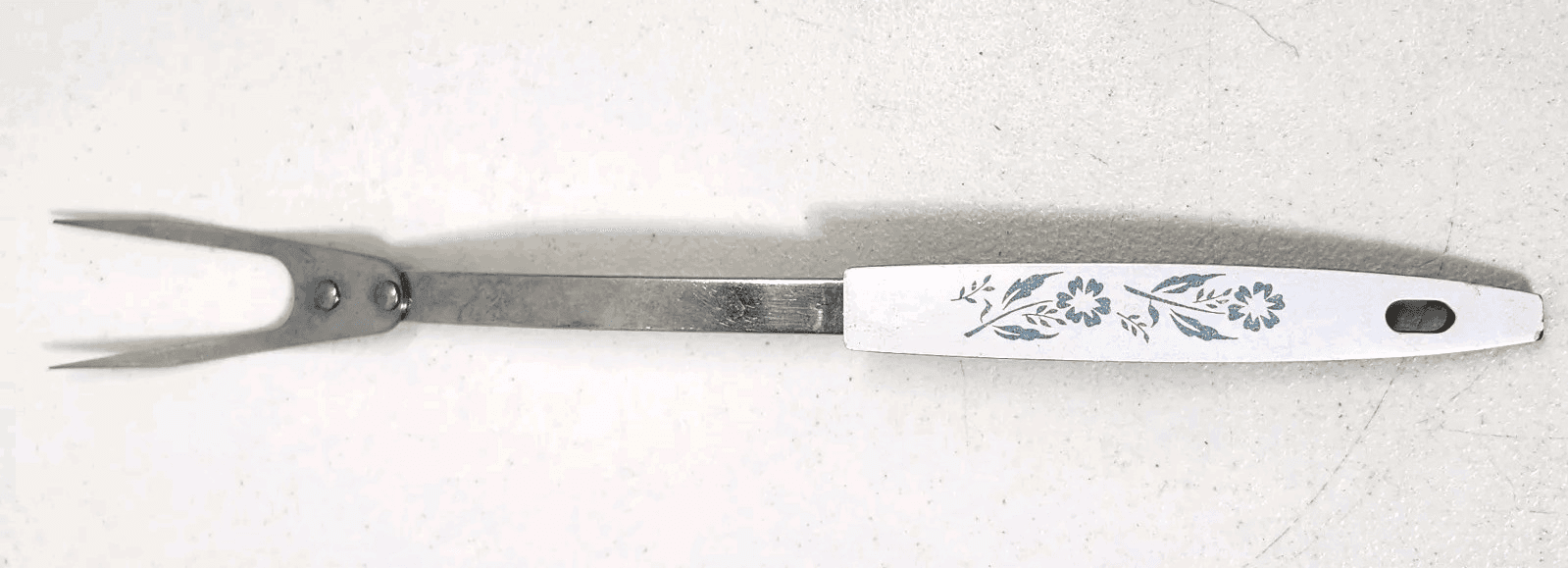 Vtg Meat Fork 2 Wide Prong 12" Blue Flowers Handle USA Made Stainless Steel