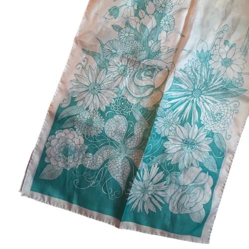 Vintage Aqua Floral Long Scarf Daisy Roses Dreamy 1980’s Sash Whimsical Romance