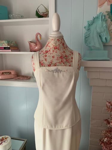 Vintage Womens Skirt Suit Pearl & Sequin Camisole Tank Top Embroidered Pink Aqua