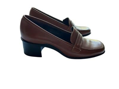 Y2k Vintage 5.5 Brown Leather Loafers Shoes Boho Chunky Square Toe Block Heels