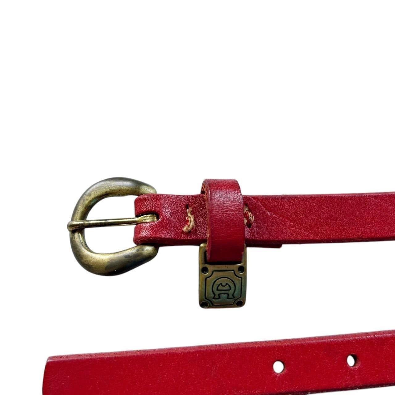 Vintage Etienne AIGNER Red Skinny Leather Logo Belt Gold Brass Rockabilly