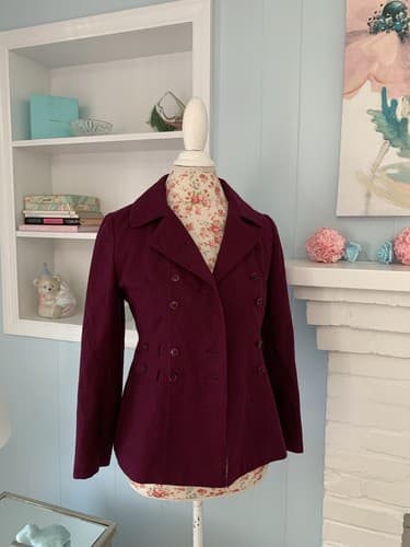 Vintage Women’s Jacket Wine Burgundy Wool Peplum Pleated Double Breasted Fitted