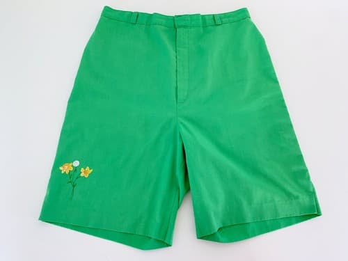 Vintage Womens 1960’s Shorts Green Mod Dandelion Tulip Print High Waisted Preppy