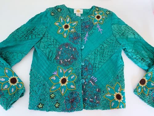 Sandy Starkman Beaded Silk Jacket Teal Green Daisy Floral Orange Purple S