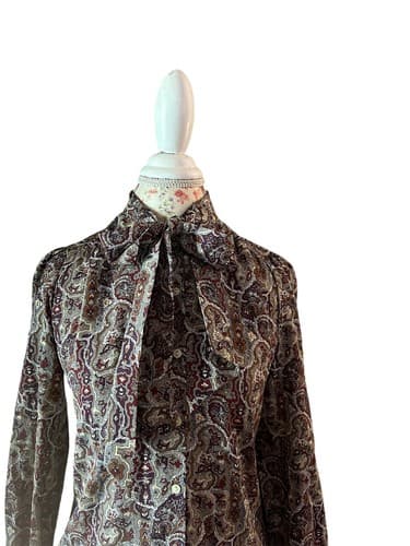 Vtg Brown Fall Blouse Women Bow Neck Old Money Volup Boho Shirt Top By Panther