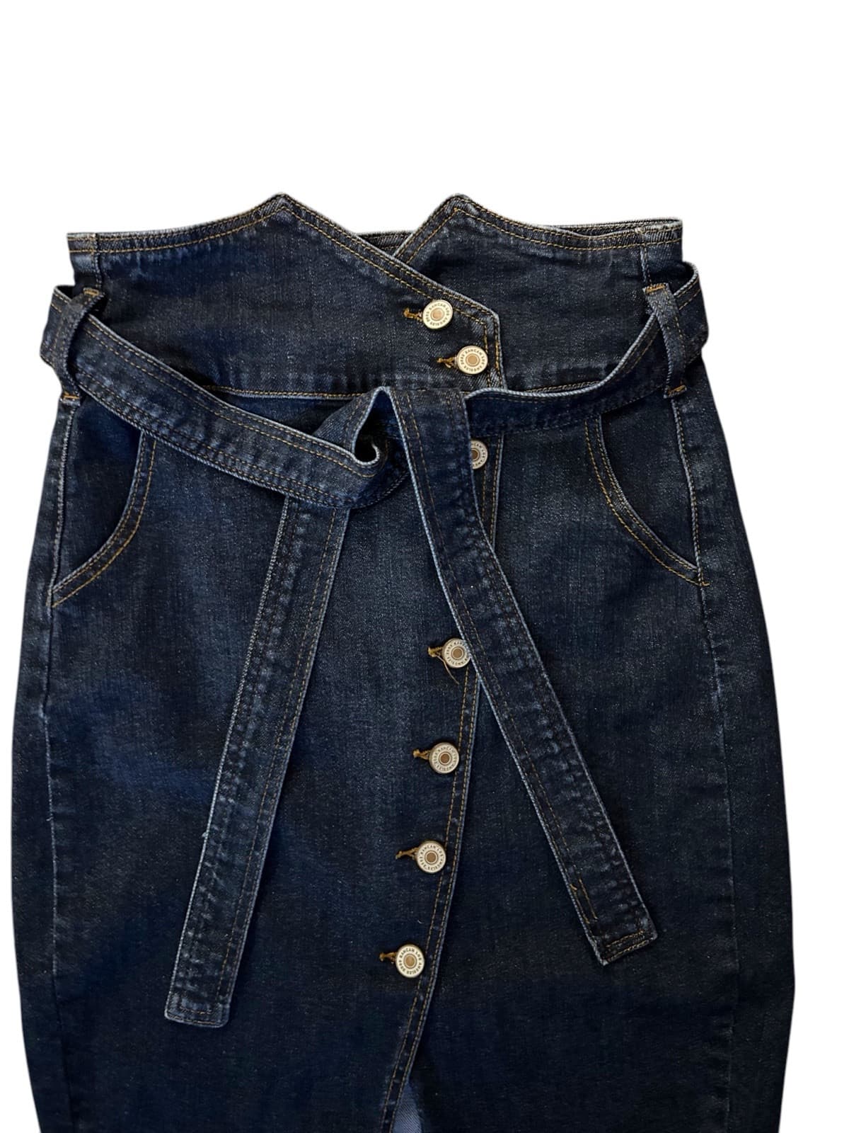 Kancan Dark Blue Wash High Waist New Wave Denim Blue Jean Belted Pencil Skirt