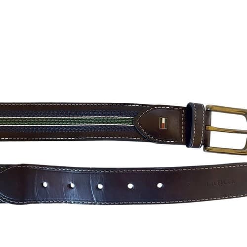 Tommy Hilfiger Men’s Logo Belt Dark Brown With Green & Navy Blue Size 38