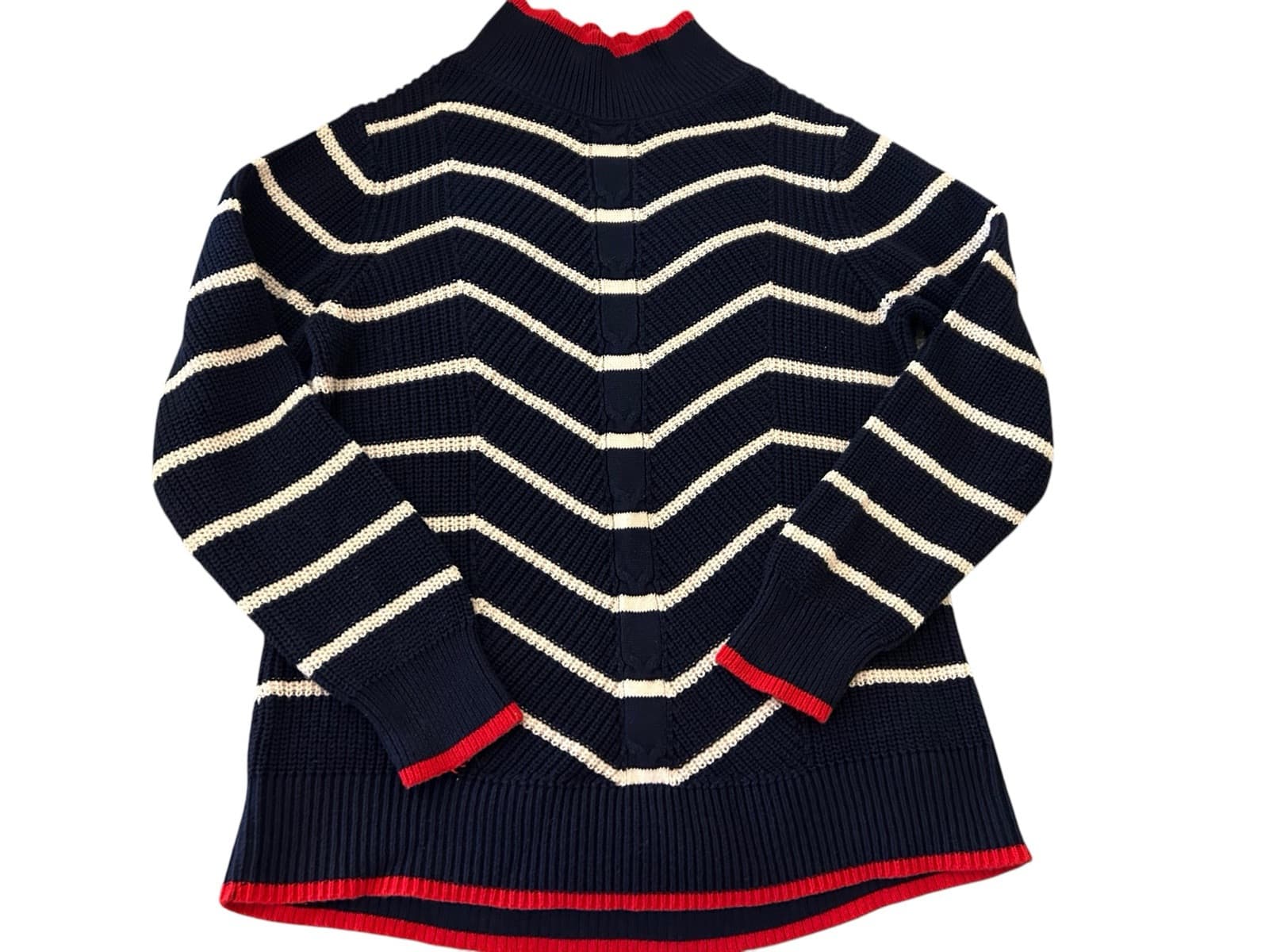 Crown & Ivy Navy Blue Red Chevron 100% Cotton Sweater Soft Spring Preppy Top