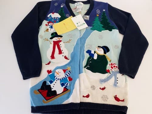 New Quacker Factory Hidden Button Cardigan Sweater PLAYING SNOWMEN XS Christmas