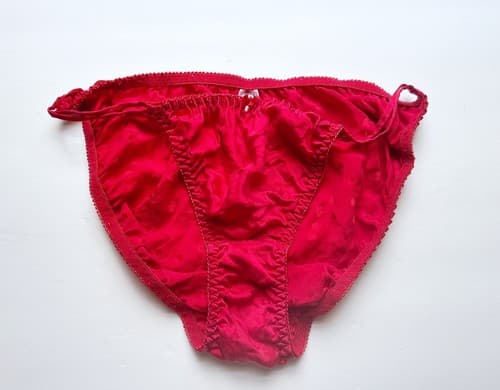 Vintage Red Silk French Cut Leg Thigh String Bikini Heart Print Large Panty