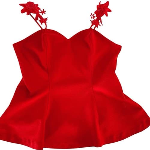 Red Top S/M Floral Appliqué Straps Peplum Style Rockabilly Blouse Top Shirt