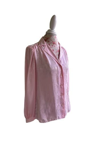 Vintage Pastel Pink Women’s Blouse Puffed Sleeves 1980’s Romantic Silky Shirt 10