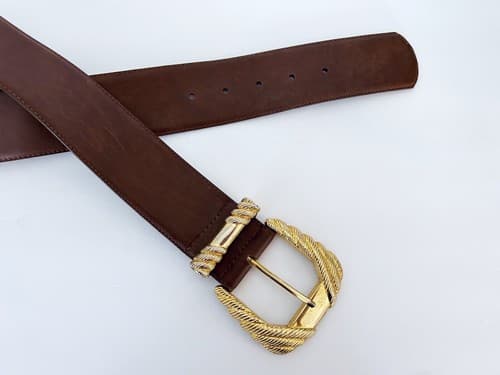 Vintage Ann Taylor Brown Genuine Leather Belt Large Boho Fall Glam Gold Buckle