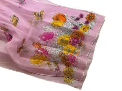 Vintage Sheer Pink Butterfly Scarf Yellow 1960’s Long Sash Cottagecore Angelic