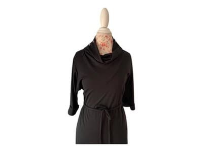Vintage 1970’s Dress Black By Doo~Dads Button Cowl Neck Neat Fit Belted 1980’s
