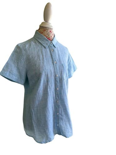 Kim Rogers Baby Blue Pastel Linen Blouse Top Shirt Old Money Classic Cotton L