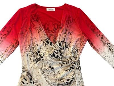 Y2K Calvin Klein Stretch Shirt Wrap Top Red Beige Asymmetrical Hem Python Print