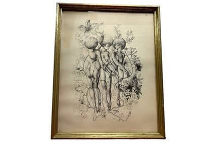 Vintage 1970’s Ink Drawing Framed African American Beauties Risqué Signed Nash