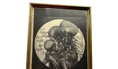 Vintage 1970s Ink Drawing Framed Bohemian African American Mother Father Baby