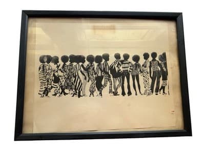Vintage 1970s Ink Drawing Framed African American Bohemian Beauties Stamped 1972
