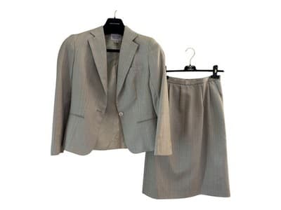Vintage 1980’s Womens Suit Two Piece Pinstriped Jacket & Skirt Set Peach Blue