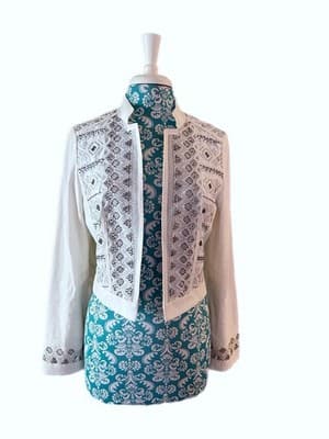 M White House Black Market White Cotton Linen Jacket Beaded Fitted Embroidered