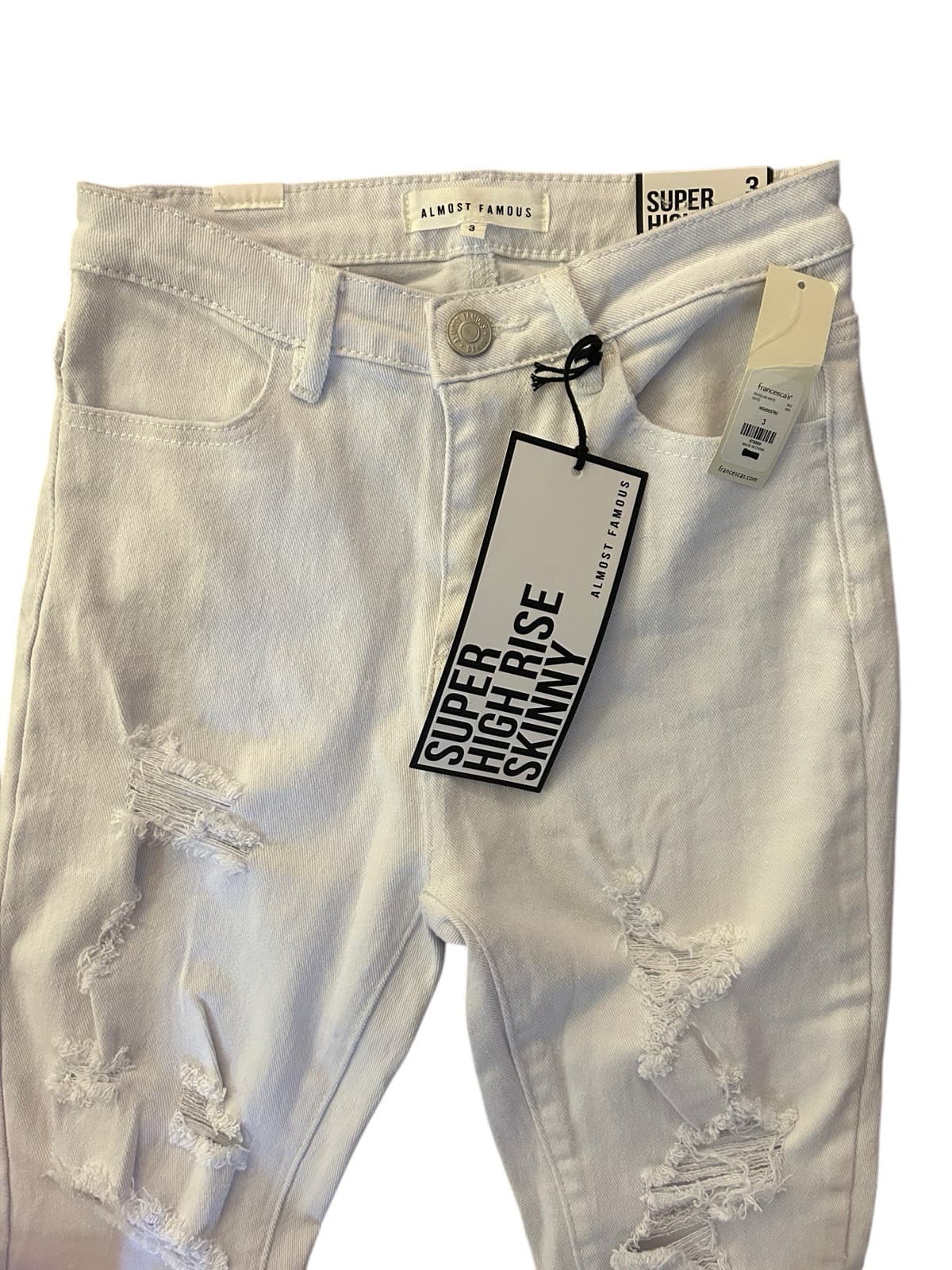 Almost Famous Jeans Sz 3 Super High Rise Skinny White Distressed Denim NWT New