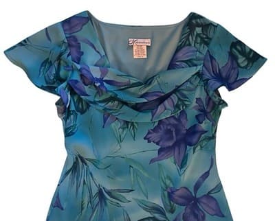Vtg Y2K Blue Floral Fairycore Flutter Sleeve Dress Draped Neck Romantic Spring