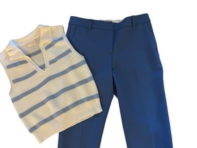10P Petite Talbots Hampshire Ankle Pants Matching Top Set Blue White Spring