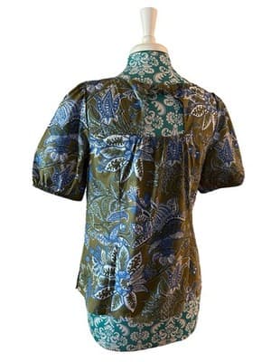 Size MP Talbots Cotton Top Floral Puff Sleeves Babydoll Green Blue Bow Summer