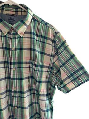 Men’s Izod Sz L Coastal Beach Saltwater Classics Plaid Cotton Short Sleeve Shirt