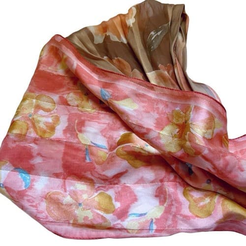 Vintage Set 2 Long Scarf Lot Peach Metallic Gold Coral Brown Spring Floral Fall
