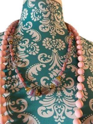 Vtg Set Of Two Pink & Purple Beaded Long Jewelry Gold Glass Romantic Necklace