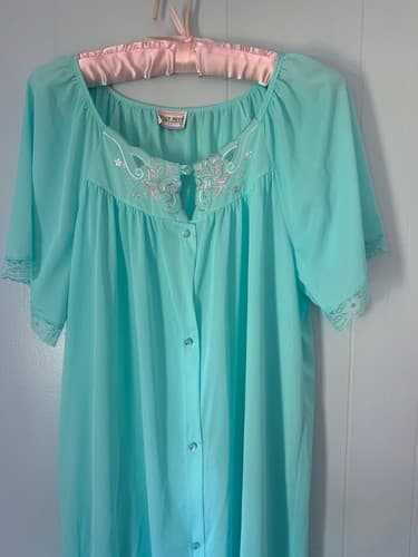 Vintage Aqua Floral Pink Embroidered Robe Lingerie Pajama Housecoat L Grannycore