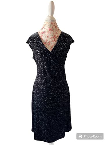 Vintage Soft Black Velvet Blue Sparkle Faux Wrap Front Dress Y2K Glam