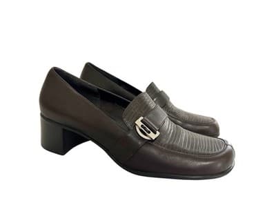 Size 9.5 Genuine Textured LEATHER Brown Square Toe Y2K Shoes Chunky Block Heel