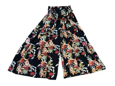 Black Floral Extra Wide Leg Pants XL Sash Belt Romantic Flowy Ruffled Leg Boho