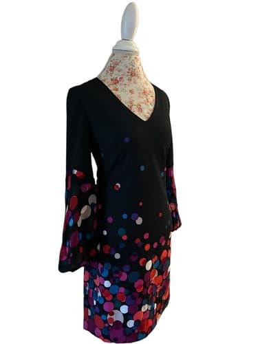 Trina Turk Black Pink Red Teal Silk Balloon Bell Sleeve Dress 4 Lace Lined Slip