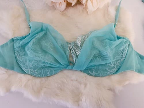 Victoria’s Secret 34D Bra Pastel Aqua Blue Chiffon Overlay Lace Lingerie Push Up