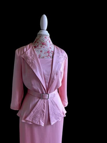 Vintage 1980’s Wiggle Dress Pink Satin Rhinestone Belt Holiday Avant Garde 40’s