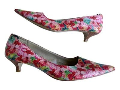 Y2K Vintage Pink & Aqua Cottagecore Floral Snakeskin Kitten Heel Shoe 7.5