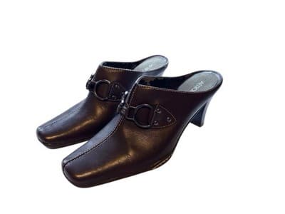 Sz 8 Horsebit Y2K Square Toe Brown Leather Clogs Slip On Chunky Heel Mules Shoes