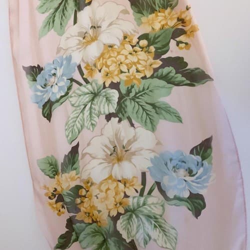 Vintage Long Sheer Chiffon Pastel Yellow & Aqua Floral Print