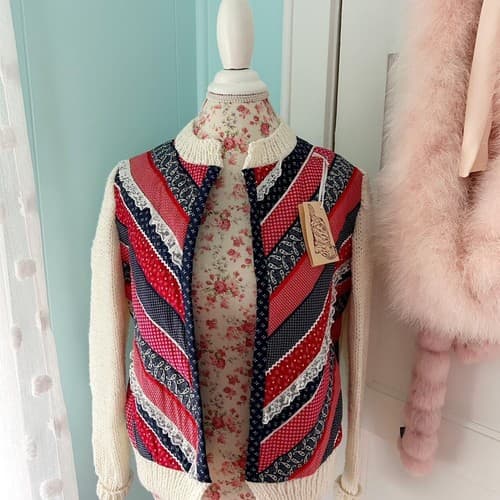 Vintage Handmade Sweater Red Blue Cream Star Print Quilted Cotton Cardigan Boho