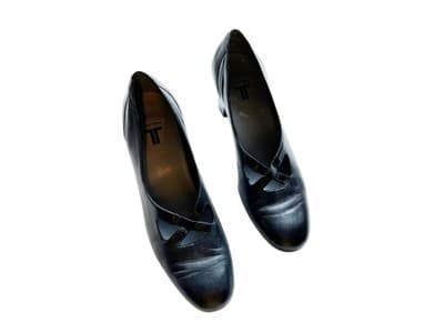 7.5N NARROW Black Leather Trotters Kitten Heel Shoes Criss Cross Strap Mary Jane