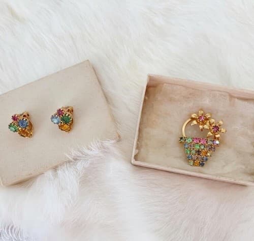 Vintage 1960’s Brooch Earring Set Pink Basket Green Aqua Sparkle Jewelry Pin Box