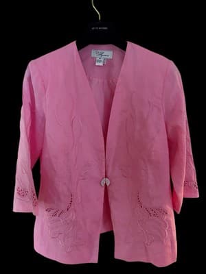 Pink Linen Skirt Suit Jacket Rhinestone Closure Embroidered Easter Spring Set