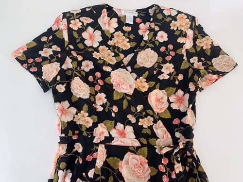 Vintage Women’s Dress Liz Claiborne Fall Floral Faux Wrap Pastel Pink Roses