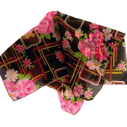 Vintage 1960’s Nylon Square Scarf Brown Floral Daisy Print Pink Green Retro