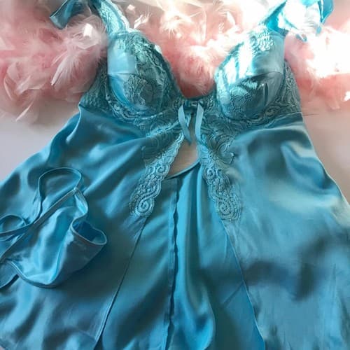Vintage Blue Lace Set Lingerie Fredericks Of Hollywood Chemise Panty Top M